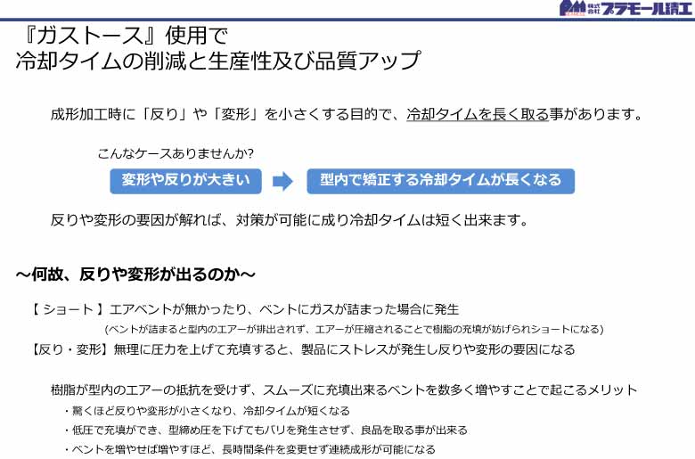 『ガストース』使用で冷却タイムの削減と生産性及び品質アップ